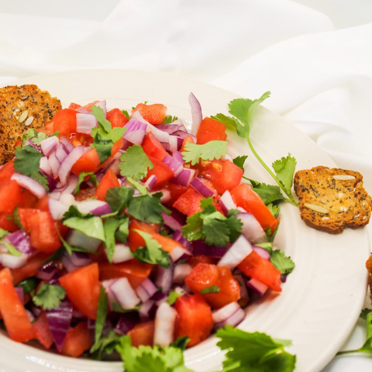 Delicious Pico de Gallo featuron a white plate featuring bright red tomatoes, purple onions, and fresh cilantro.