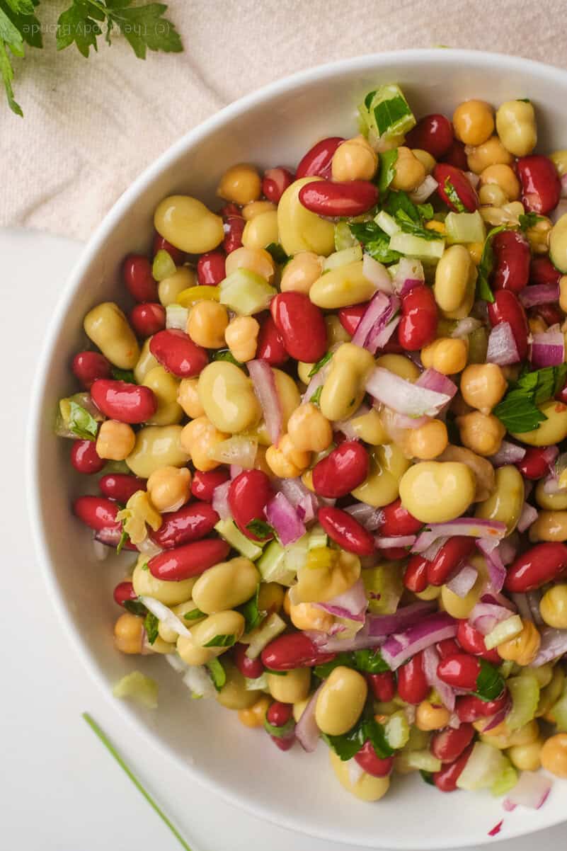 Close up overhead shot of a bowl of 3 Bean Salad
